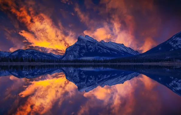Clouds, sunset, mountains, lake, reflection, symmetry