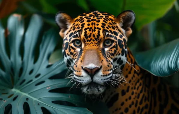 Look, face, leaves, jungle, Jaguar, monstera, AI art, neural network
