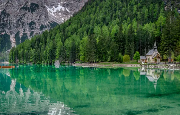 Forest, trees, mountains, lake, rocks, boats, chapel, Italy