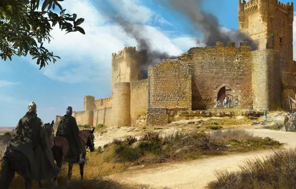 The sky, clouds, weapons, smoke, armor, warrior, fortress, knight