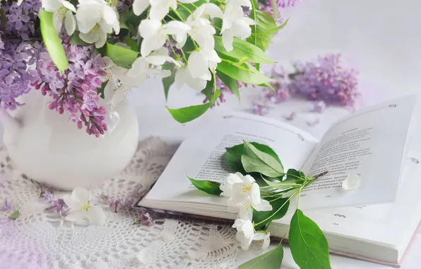 Picture flowers, table, bouquet, spring, book, still life, lilac, napkin