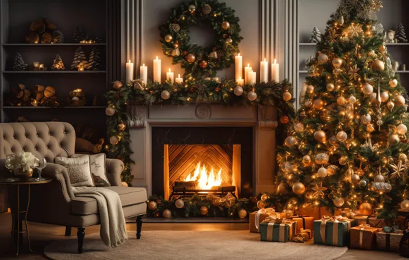 Comfort, house, heat, room, fire, flame, interior, Christmas