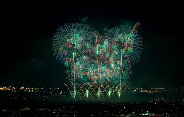 Night, the city, holiday, salute, fireworks