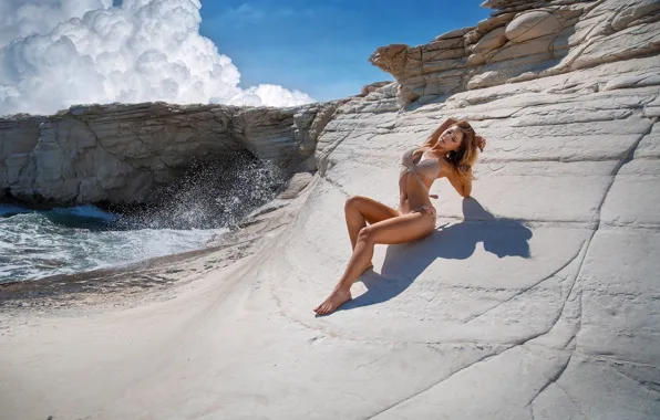 Sea, swimsuit, the sun, clouds, squirt, pose, stones, model