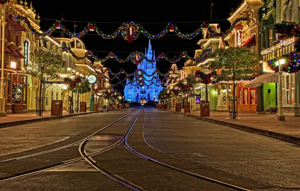Picture decoration, night, street, CA, New year, USA, garland, Disneyland