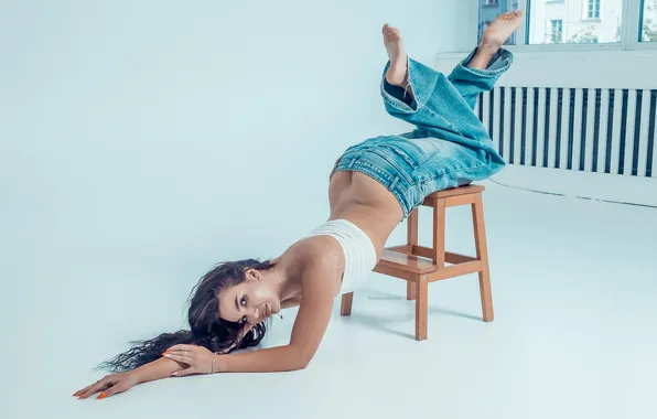 Ass, long hair, woman, young, beautiful, model, jeans, tank top