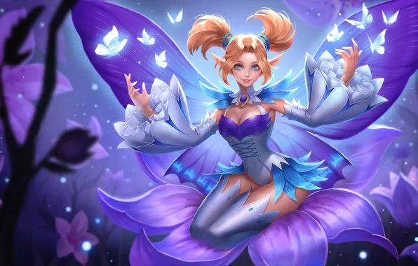Girl, butterfly, flowers, smile, magic, the game, wings, art