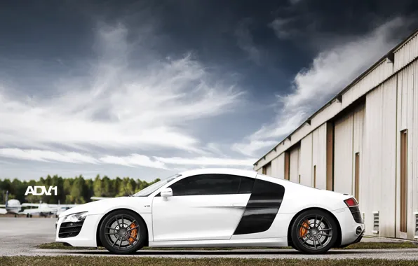 White, the sky, clouds, Audi, Audi, hangar, supercar, side view