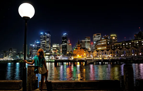 Picture water, girl, light, night, the city, lights, building, home