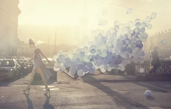 Road, girl, the city, balloons, street