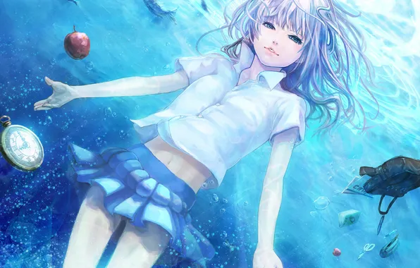 Girl, fish, watch, Apple, skirt, fruit, shirt, bag