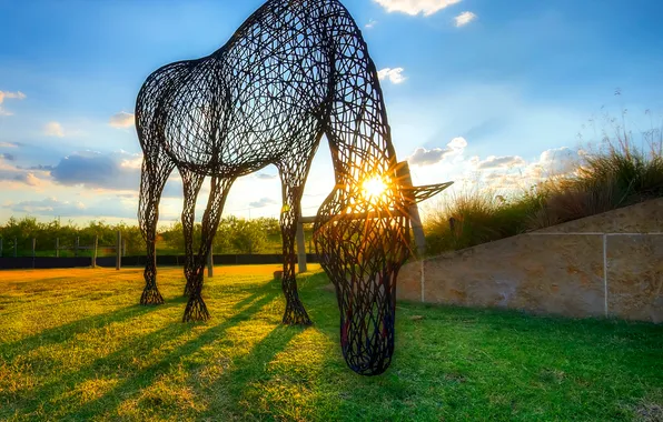 The sky, grass, sunset, horse, art, yard, sculpture
