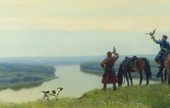 The sky, clouds, river, horse, people, picture, space, don