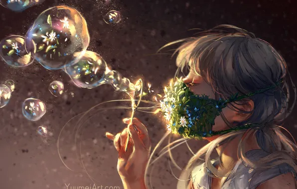 Picture hand, chamomile, bubbles, girl, forget-me-nots, bangs, in profile, rainbow