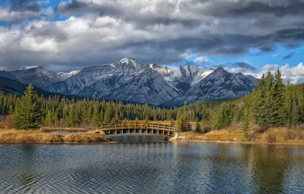 Forest, mountains, bridge, lake, Canada, Albert, Banff National Park, Alberta