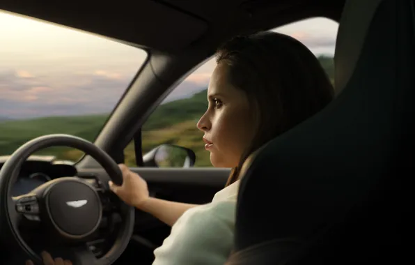 Picture Aston Martin, Girl, The wheel, Aston Martin, SUV, SUV, Felicity Jones, Felicity Jones