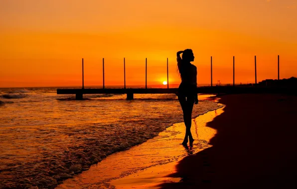 BODY, SAND, SURF, PIER, PIERCE, FIGURE, SUNSET, SHORE