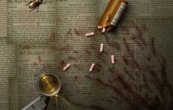 Beetle, blade, newspaper, pills, traces of blood
