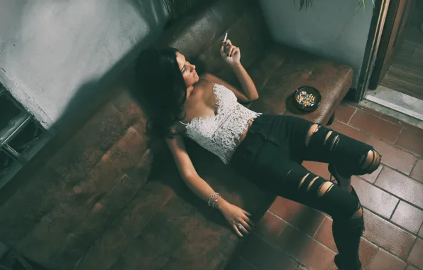 Girl, smoking, cigarette, interior, sofa