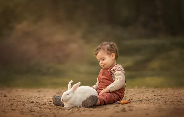 Picture nature, animal, boy, rabbit, baby, carrots, child, Keren Genish