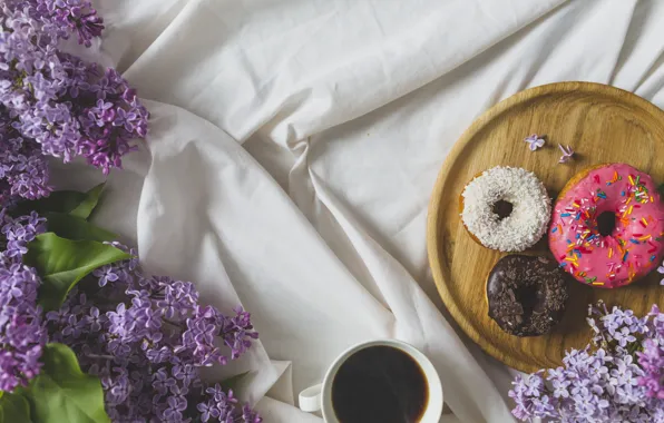 Flowers, Coffee, Lilac, Donuts