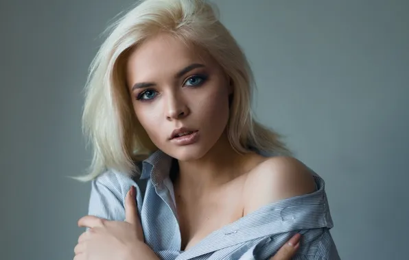 Look, background, portrait, makeup, hairstyle, blonde, shirt, beautiful