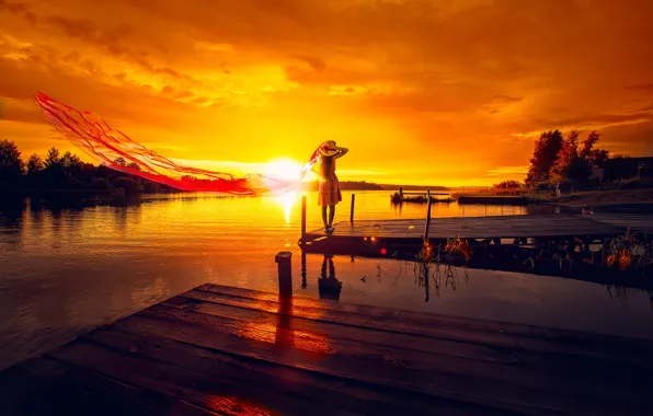 Picture girl, landscape, sunset, nature, river, bridges, Nikolay Sizikov