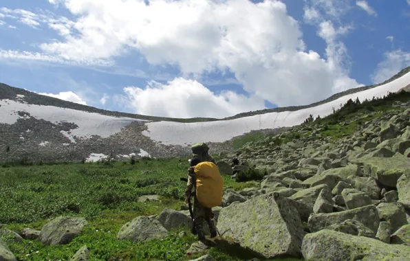 Picture the sky, snow, mountains, stones, hike, Pass
