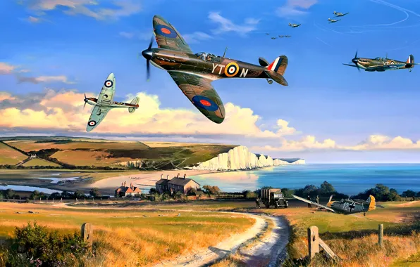 Picture Battle of Britain, dirt road, car, WWII, Spitfire Mk.I, The white cliffs of Dover, 65 …