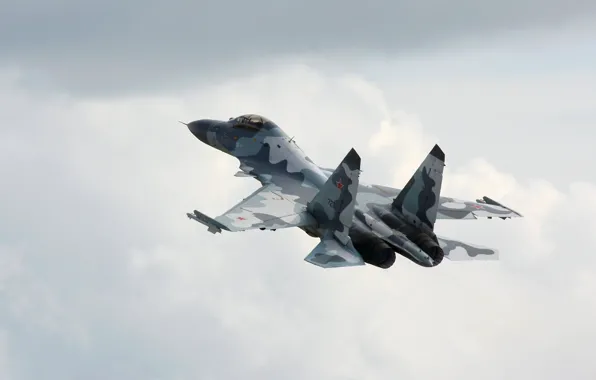Picture Clouds, The plane, Flight, Fighter, Su-35, Multipurpose, The sky. Wysota