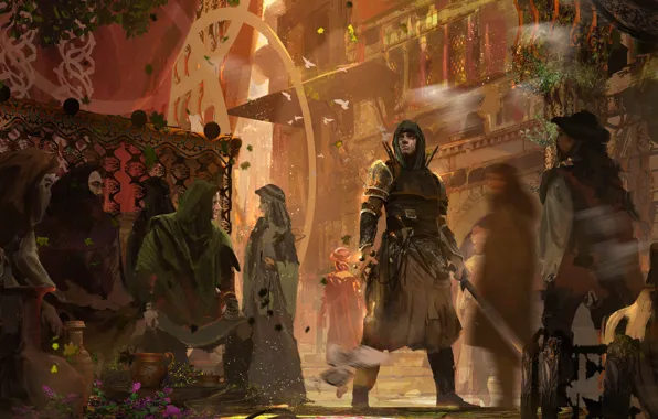 Weapons, people, warrior, terrace