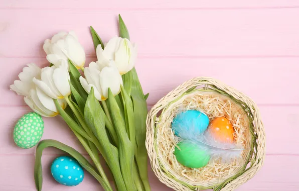 Flowers, eggs, spring, colorful, Easter, tulips, happy, wood