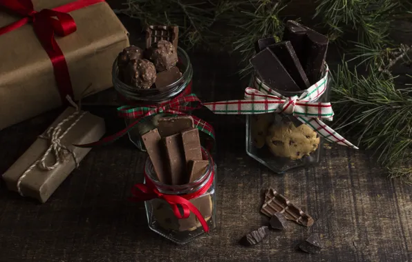 Decoration, gift, chocolate, New Year, cookies, Christmas, Christmas, wood