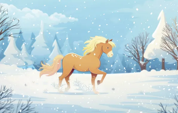 Winter, field, forest, the sky, clouds, snow, trees, horse
