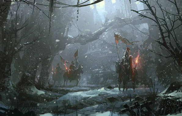 Winter, Night, Figure, Snow, Forest, Warrior, Horse, Art