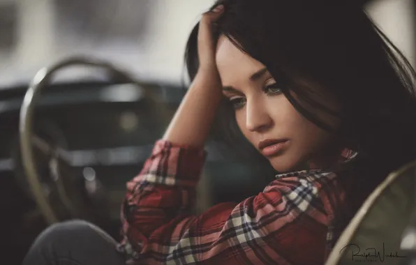 Auto, model, makeup, brunette, hairstyle, shirt, driving, beauty