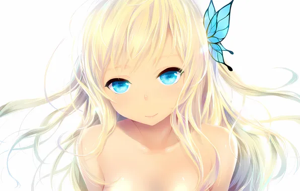 Girl, long hair, anime, blue eyes, butterfly, beautiful, pretty, face