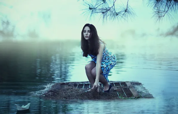 Picture girl, lake, boat