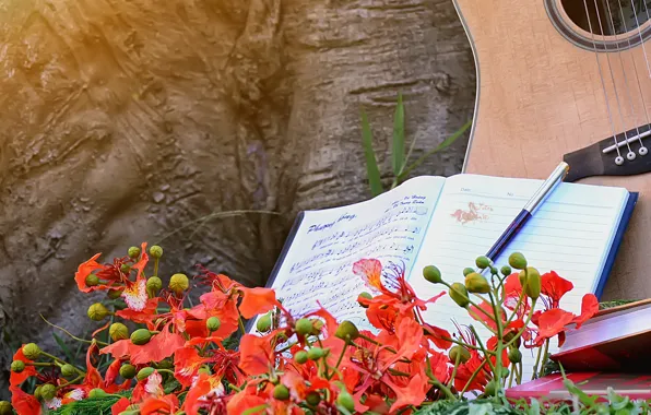 Picture flowers, notes, music, guitar