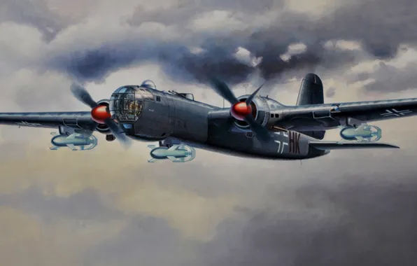 War, art, painting, aviation, ww2, german bomber, Heinkel He 177