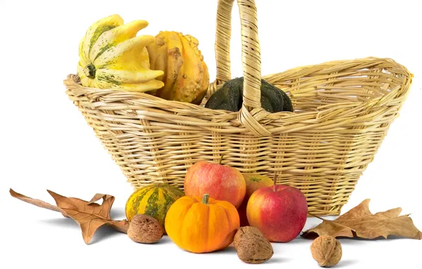 Picture autumn, leaves, basket, apples, pumpkin, nuts, still life, oyoshi