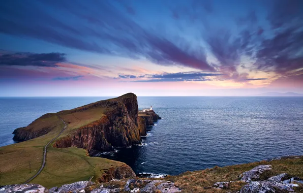 Picture road, sea, the sky, clouds, stones, lighthouse, the evening, Scotland