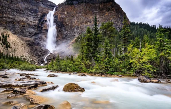 Waterfall, River, Mountain, Rock
