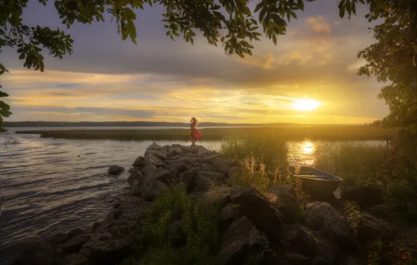 Summer, girl, sunset, branches, stones, shore, foliage, boat