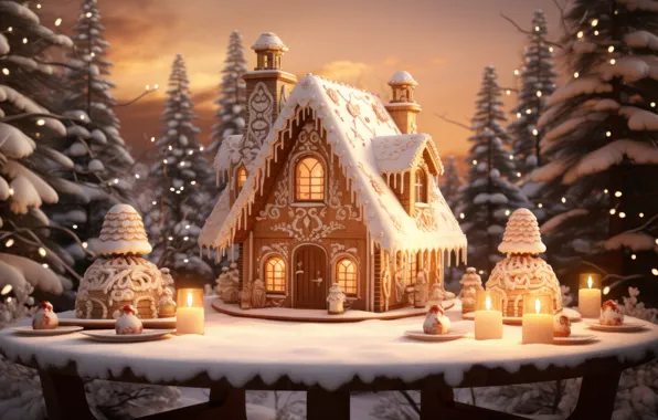 Winter, snow, house, pattern, candles, cookies, Christmas, sweets