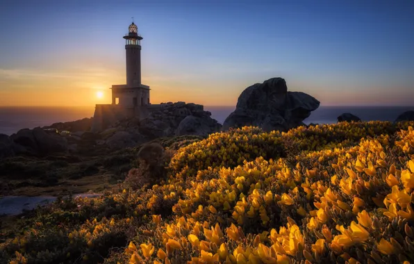 Sea, sunset, lighthouse, Galicia, Malpica de Bergantiños, Barizo