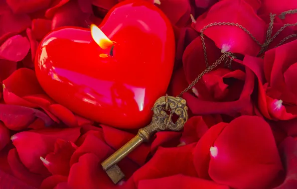 Love, red, candle, petals, fabric, red, love, heart