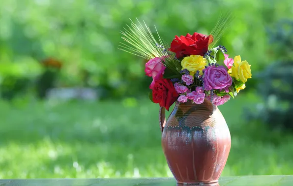 Picture flowers, nature, roses, bouquet, spikelets, vase, colorful, different