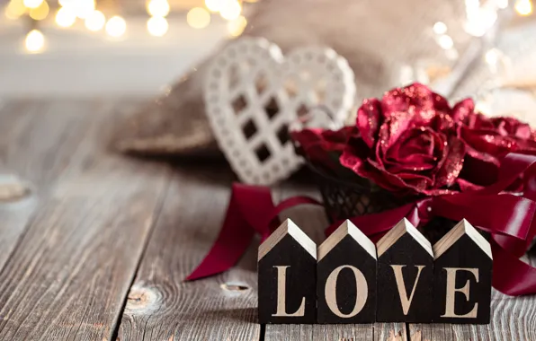 Light, love, flowers, lights, holiday, the inscription, cubes, heart