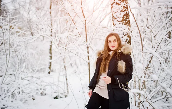 Winter, forest, look, girl, snow, branches, face, pose